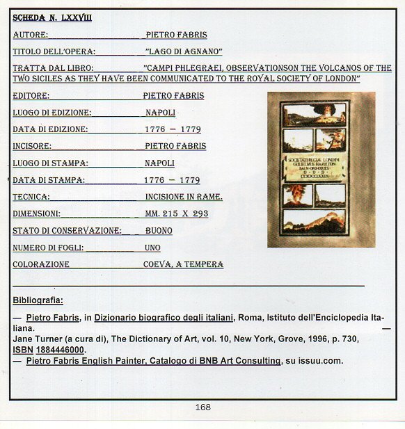 PIETRO FABRIS - "LAGO DI AGNANO" STAMPA SU CARTONCINO/TAVOLETTA   - anno 1 776  €  400